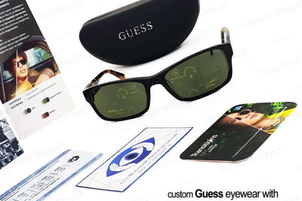 Φωτοχρωμικά γυαλιά οράσεως και μαζί γυαλιά ηλίου Guess με φακούς Essilor Varilux S Transitions XTRActive Green Crizal Sapphire 360 UV