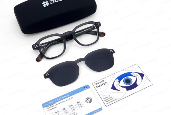 Enjoy Eyewear with magnetic polarized clip-on and Essilor Ormix 1.61 As Crizal Alize UV lenses