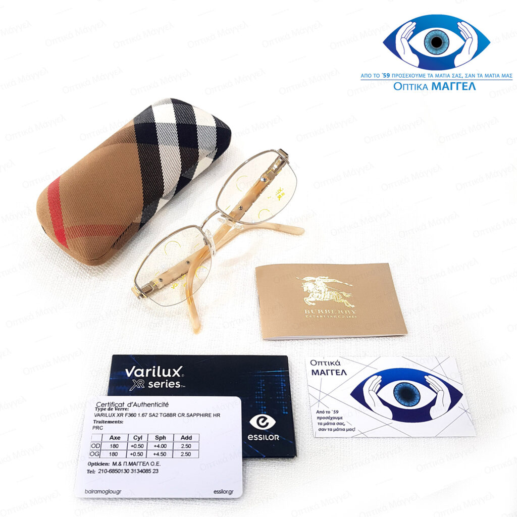 Our Work Burberry nylor eywear with Essilor Varilux XR F360 Fit Stylis 1.67 precal Transitions Gen8 Brown Crizal Sapphire HR clear state